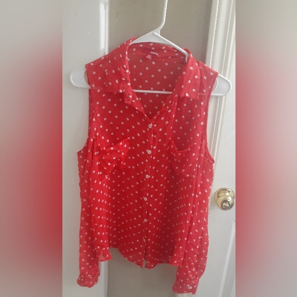 Women's Bongo Top Polka Dots Lightweight Button Up Cut Out Shoulders Size Medium - Picture 1 of 4